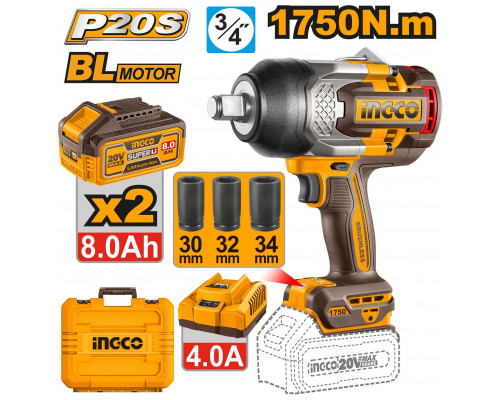 Аккумуляторный бесщеточный ударный гайковерт INGCO INDUSTRIAL 20 В 1750 Нм CIWLI20175