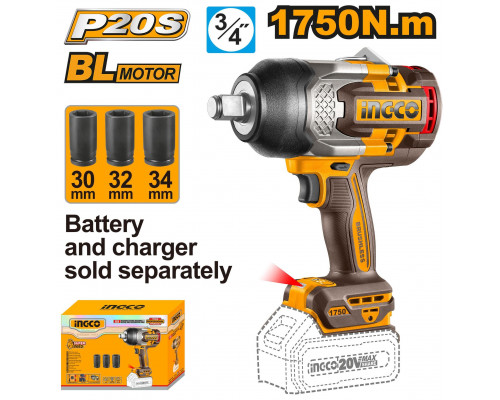 Аккумуляторный бесщеточный ударный гайковерт INGCO INDUSTRIAL 20 В 1750 Нм CIWLI201751