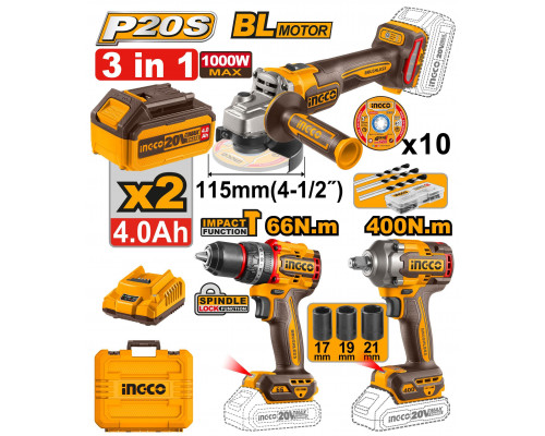 Набор аккумуляторного инструмента INGCO INDUSTRIAL 3 шт. Li-Ion 20 В COSLI241291