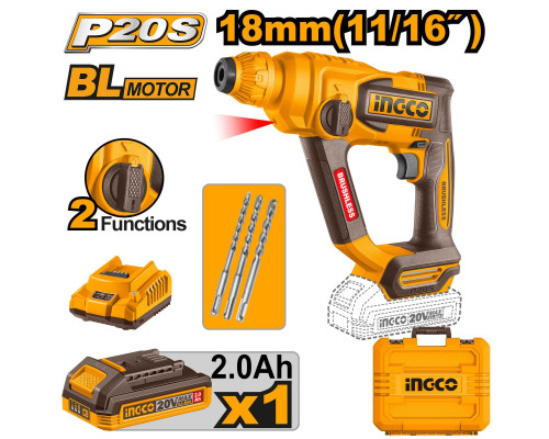 Аккумуляторный перфоратор 20В BL 1.8Дж 1хАКБ 2Ач и ЗУ SUPER INGCO CRHLI201881