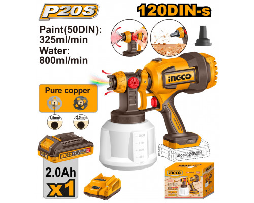 Аккумуляторный краскопульт 20В 1хАКБ 2Ач и ЗУ INGCO CSGLI20042
