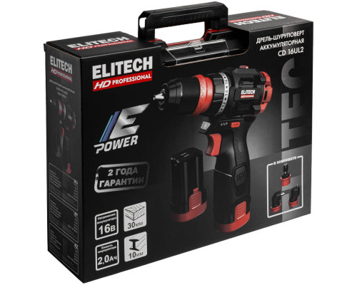 Дрель аккумуляторная ELITECH CD 16UL2 + насадки (E2201.078.02)