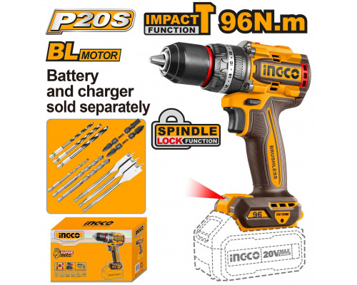 Аккумуляторный бесщёточный ударный шуруповерт INGCO INDUSTRIAL 20 В 96 Нм CIDLI209681