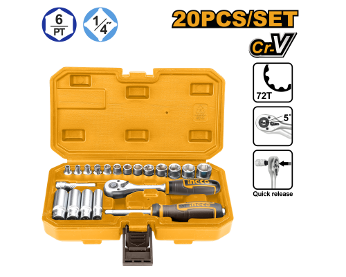 Набор головок и насадок INGCO INDUSTRIAL 20 предметов, 4-14 мм 1/4", кейс HKTS14201
