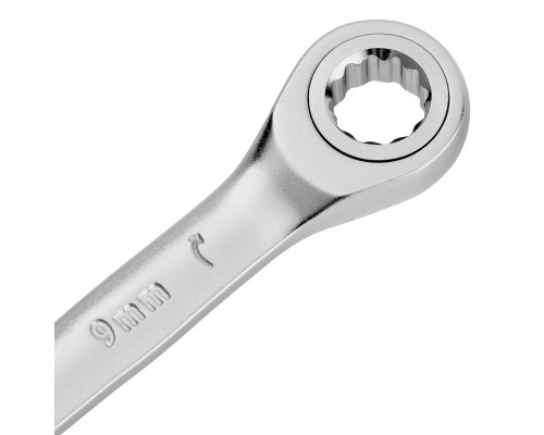 Ключ комбинированный трещоточный 9 мм, CrV, матовый хром Denzel 14703