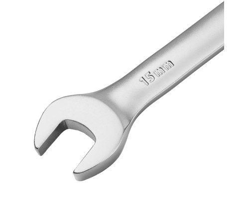 Ключ комбинированный трещоточный 15 мм, CrV, матовый хром Denzel 14709