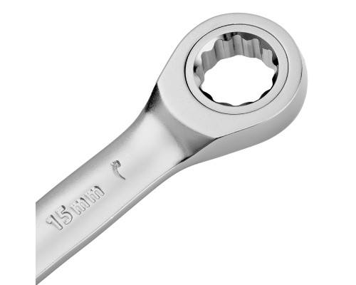 Ключ комбинированный трещоточный 15 мм, CrV, матовый хром Denzel 14709