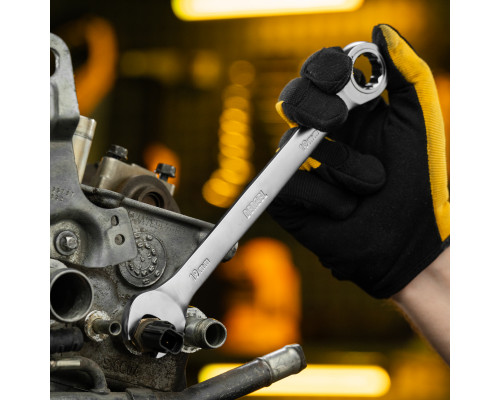 Ключ комбинированный трещоточный 19 мм, CrV, матовый хром Denzel 14713