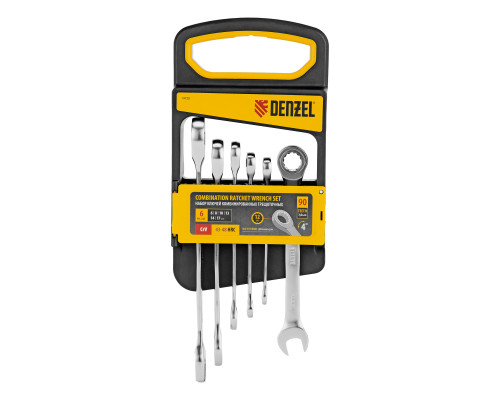 Набор ключей комбинированных трещоточных 6-17 мм, 6 шт., CrV, матовый хром Denzel 14720