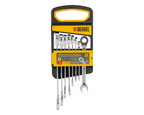 Набор ключей комбинированных трещоточных 6-19 мм, 8 шт., CrV, матовый хром Denzel 14721