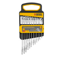 Набор ключей комбинированных трещоточных 6-19 мм, 12 шт., CrV, матовый хром Denzel 14722