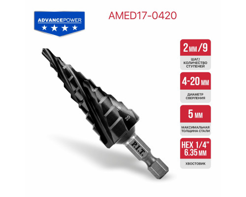 Сверло по металлу ступенчатое P.I.T. ADVANCE Ø 4-20 мм, HEX1/4" AMED17-0420