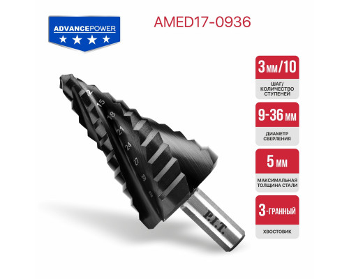 Сверло по металлу ступенчатое P.I.T. ADVANCE Ø 9-36 мм AMED17-0936