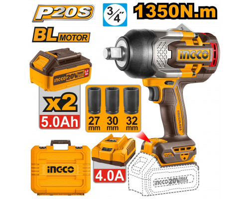 Аккумуляторный гайковерт INDUSTRIAL INGCO BL 20В 1350Hm 3/4, 2хАКБ и ЗУ CIWLI20135 Аккумуляторный гайковерт INDUSTRIAL INGCO BL 20В 1350Hm 3/4, 2хАКБ и ЗУ CIWLI20135