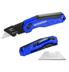 Нож алюминиевый складной WORKPRO быстрое открытие, синий WP211025