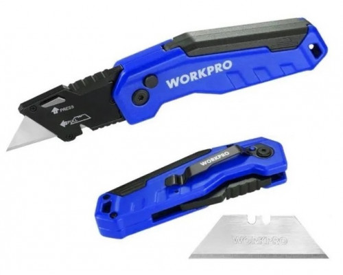 Нож алюминиевый складной WORKPRO быстрое открытие, синий WP211025