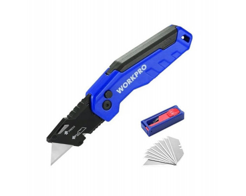 Нож алюминиевый складной WORKPRO быстрое открытие, синий WP211025