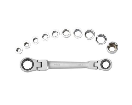 Ключ комбинированный 8-19 мм трещоточный WorkPro, Cr-V,10 вставок, в кейсе WP202570