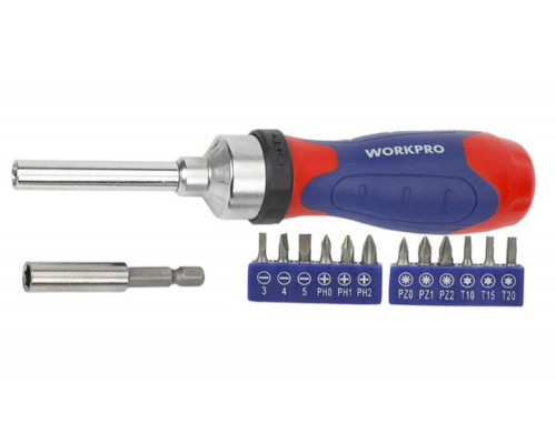 Отвертка под биты WORKPRO 14 в 1, храповый механизм WP200524