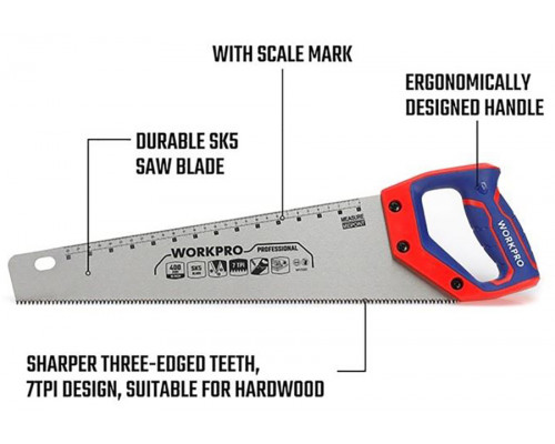 Ножовка по дереву WORKPRO 550 мм, SK5, 7TPI WP215008