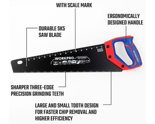 Ножовка по дереву WORKPRO c тефлоновым покрытием, 400 мм, SK5 WP215013