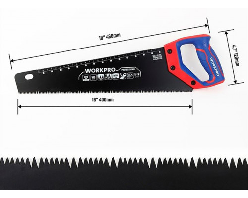 Ножовка по дереву WORKPRO c тефлоновым покрытием, 400 мм, SK5 WP215013