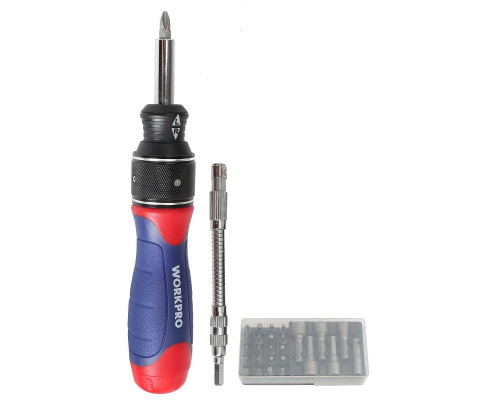 Отвертка с трещоткой и набором бит и головок (29шт) двойной привод WORKPRO WP221052