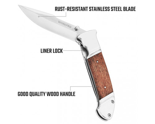 Нож складной WORKPRO с деревянной рукояткой WP381001