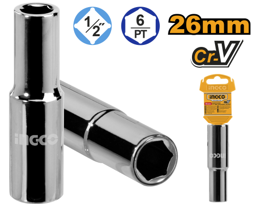 Головка торцевая шестигранная удлиненная INGCO INDUSTRIAL 1/2" 26 мм HHAST12263L Головка торцевая шестигранная удлиненная INGCO INDUSTRIAL 1/2" 26 мм HHAST12263L