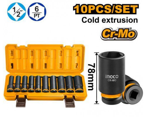Набор торцевых ударных удлинённых головок INGCO INDUSTRIAL 1/2" 10-24 мм 10 шт. HKISSD12102L Набор торцевых ударных удлинённых головок INGCO INDUSTRIAL 1/2" 10-24 мм 10 шт. HKISSD12102L