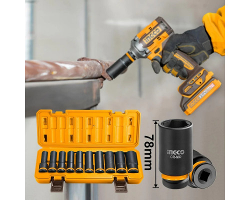 Набор торцевых ударных удлинённых головок INGCO INDUSTRIAL 1/2" 10-24 мм 10 шт. HKISSD12102L Набор торцевых ударных удлинённых головок INGCO INDUSTRIAL 1/2" 10-24 мм 10 шт. HKISSD12102L