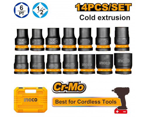 Набор торцевых ударных головок INGCO INDUSTRIAL 1/2" 10-27 мм 14 шт. HKISSD12141