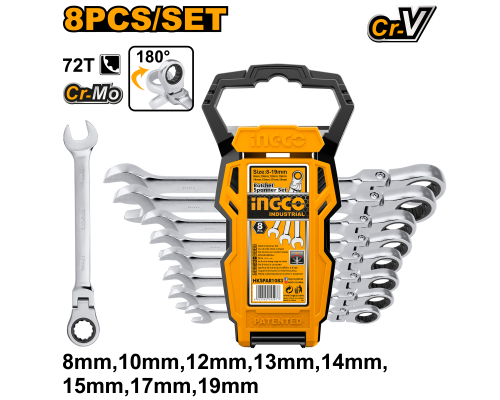 Набор комбинированных гаечных ключей с трещоткой INGCO INDUSTRIAL 8-19 мм 8 шт. HKSPAR1083 Набор комбинированных гаечных ключей с трещоткой INGCO INDUSTRIAL 8-19 мм 8 шт. HKSPAR1083