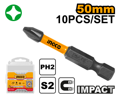 Набор ударных бит для шуруповерта IMPACT INGCO INDUSTRIAL РН2х50 мм 10 шт. SDBIM11PH223 Набор ударных бит для шуруповерта IMPACT INGCO INDUSTRIAL РН2х50 мм 10 шт. SDBIM11PH223