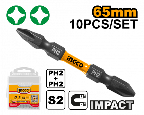 Набор ударных бит для шуруповерта IMPACT INGCO INDUSTRIAL PH2+PH2x65 мм 10 шт. SDBIM21PH233 Набор ударных бит для шуруповерта IMPACT INGCO INDUSTRIAL PH2+PH2x65 мм 10 шт. SDBIM21PH233