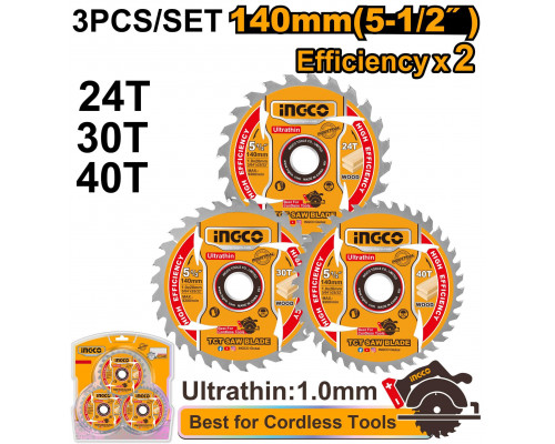 Диск пильный по дереву ультратонкий TCT INGCO INDUSTRIAL 140х20х1 мм 24Т, 40Т, 60Т 3 шт. TSB4003 Диск пильный по дереву ультратонкий TCT INGCO INDUSTRIAL 140х20х1 мм 24Т, 40Т, 60Т 3 шт. TSB4003