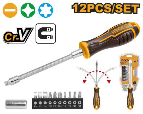 Отвертка гибкая с битами INGCO 12 шт. AKSDFL1208