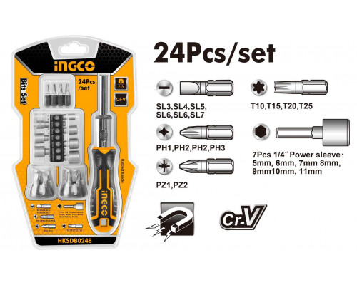 Отверткa реверсивная с набором бит и держателем INGCO 24 шт. HKSDB0248