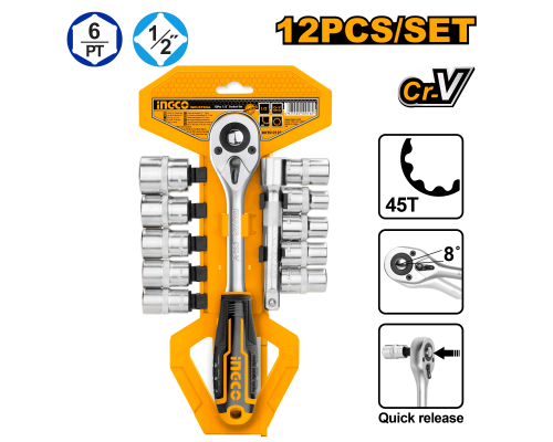 Набор торцевых головок с трещоткой INGCO INDUSTRIAL 1/2" 10-24 мм 12 шт. HKTS12122