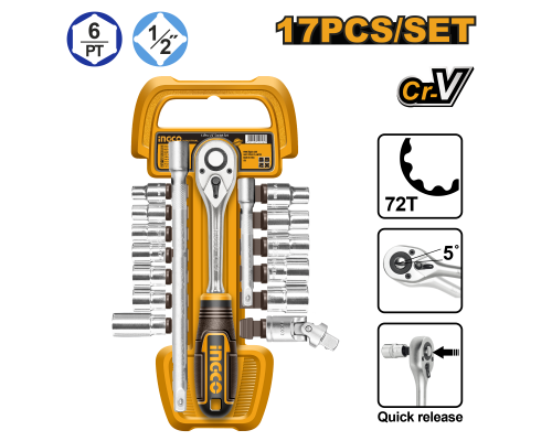 Набор торцевых головок с трещоткой INGCO INDUSTRIAL 1/2" 10-24 мм 17 шт. HKTS12171