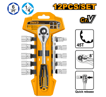 Набор торцевых головок с трещоткой INGCO INDUSTRIAL 1/4" 5-14 мм 12 шт. HKTS14122