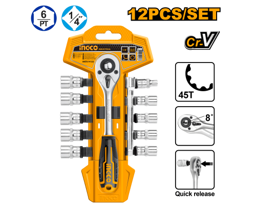 Набор торцевых головок с трещоткой INGCO INDUSTRIAL 1/4" 5-14 мм 12 шт. HKTS14122