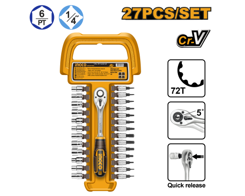 Набор торцевых головок с трещоткой INGCO INDUSTRIAL 1/4" 4-14 мм 27 шт. HKTS14271