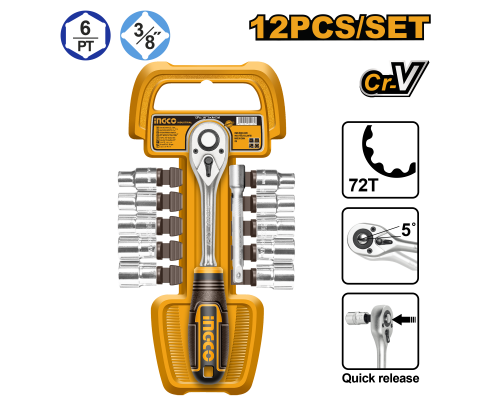 Набор торцевых головок с трещоткой INGCO INDUSTRIAL 3/8" 8-19 мм 12 шт. HKTS38122