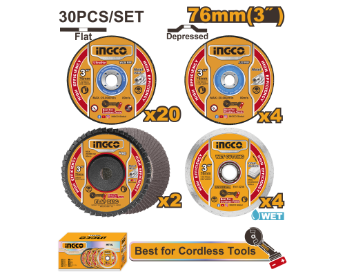 Набор кругов абразивных INGCO 76хх10 мм Metal/Inox 30 шт MCD07630