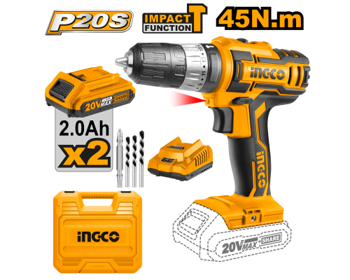 Аккумуляторный ударный шуруповерт INGCO 20 В 45 Нм 18+1+1 CIDLI200215