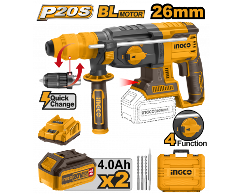 Аккумуляторный бесщеточный перфоратор SDS-Plus INGCO INDUSTRIAL 20 В 2 Дж 2x4 Ач CRHLI202289