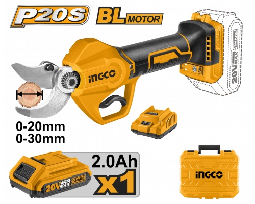 Аккумуляторный секатор INGCO INDUSTRIAL 20 В 20/30 мм 1x2 Ач CSSLI203083