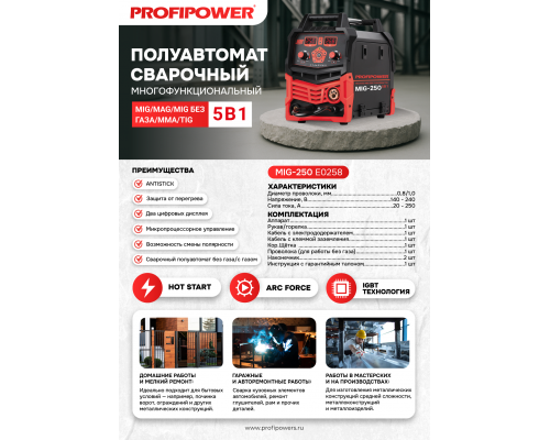 Полуавтомат сварочный многофункциональный Profipower MIG-250 5 в 1 (MIG/MAG//ММА/TIG) E0258