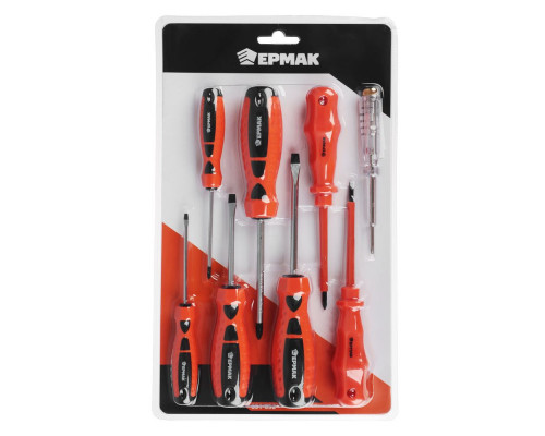 Набор 8 отверток ЕРМАК PH1х100, SL4x100, PH2x100, SL6x100, SL3x75, SL5x75, PH0х75+тестер напряжения 651-652